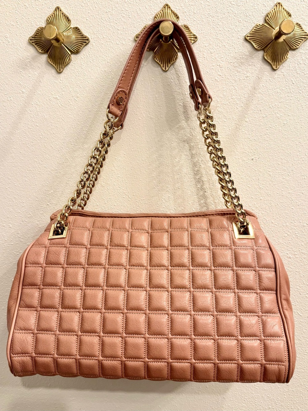Antonio Melani Quilted Leather Shoulder Bag Blush Pink Gold Chain Large Satchel
